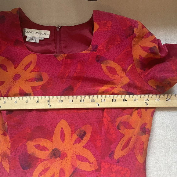 Vintage 90s Maggie London Silk Dress Women 10 Red Orange Floral Bloomcore Sheath - Picture 8 of 10